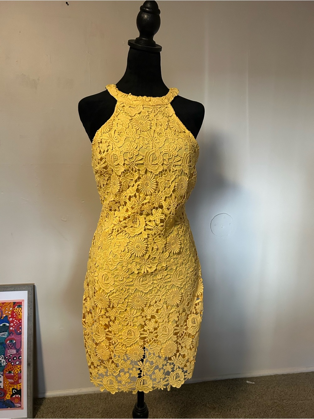 Lulu's Yellow Floral Lace Halter Mini Dress